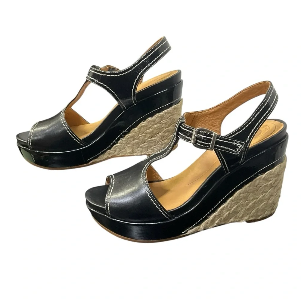 🌿 Nurture Women’s 9M Black Leather Espadrille Wedge Sandal Platform Heel NIB‎